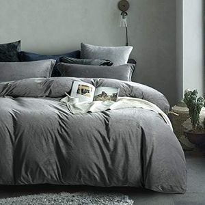 NTBAY Velvet King Duvet Cover Set, 3 Pieces Zippered Flannel Comforter Cover Set, Smoke Grey