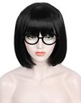 Linfairy Short Black Bob Fluffy Wig Halloween Cosplay Costume Wig for Women with Glasses Frames