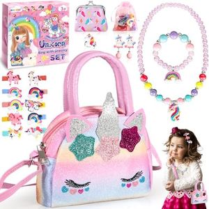 BGIUSQF Unicornios para Niñas, Bolso Unicornio Niña Set, Juegos de Joyas para Niña, Anillos, Pendientes, Collares, Pulseras, Horquillas, Bolso Niña, Unicornio Regalo Niña 3 4 5 6 Años