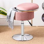 Round Storage Vanity Stool, 360° Swivel Height Adjustable Stool Chair, Pink Vanity Stool Chair for Makeup Room, Velvet Stool for Vanity with Storage, Vanity Ottoman Chair for Bathroom Living Room