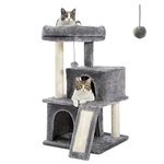 PETEPELA Cat Tree 86cm Cat Tower with Double Condos, Removable Spacious Perch, Fully Wrapped Scratching Sisal Posts, Replaceable Dangling Balls, 35 Inches Grey