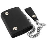 RFID Blocking Men's Tri-fold Vintage Biker Cowhide Leather Steel Chain Wallet,Snap closure, Made In USA, Black, Solid