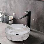 REMANENCE Round Countertop Wash Basin | Designer Table Top Bathroom Basin Sink | Vessel Sink Wash Basin Over Counter for Bathroom, Hotel, Home Living Room (12.5 x 12.5 x 5 Inch) (Marble White)