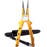 CRAZY SHARK Professional Saltwater/Freshwater Fishing Pliers Hook Remover Fishing Line Cutters with Sheath and Lanyard (Gold)