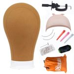 XTREND 23" Poly Canvas Block Head Professional Brown Mannequin Canvas Head for Making/Drying/Styling Wigs with Table Clamp Stand and T Pins