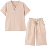 POBIDOBY Boy's T-Shirt and Shorts Set Cotton Linen Summer Short Sleeve Children Two Pieces Clothing Pants Sets, Khaki, 8