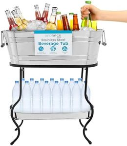 BIRDROCK Home Stainless Steel Beverage Tub with Stand - Bottom Tray - Ice Bucket - Party Drink Holder - Wooden Handles - Outdoor or Indoor Use - Free Standing