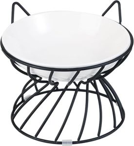 Raised Ceramic Cat Food Bowl - Elevated Cat Dish with Metal Stand - Wide, Shallow, Whisker-Friendly - Microwave & Dishwasher Safe - 8.5 oz - 5.75 inch