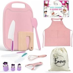 EMREY 13 Pieces Montessori Kids Cooking and Baking Set - Kids Knife Set for Real Cooking, Durable Kids Cutting Board, Knife Set, Silicone Spatula, Whisk, Cookie Cutters, Kids Apron, Toddler Kitchen