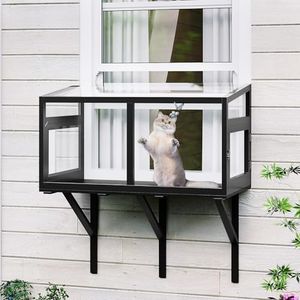 Garvee Cat Window Box with Clear Panels, Universal Indoor/Outdoor Catio for Windows 24"-38", Weatherproof Wood Cat Window Perch for Sunbathing, Birdwatching & Napping Black
