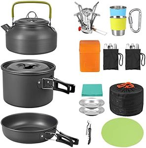 VinTeam 21pcs Camping Cookware Mess Kit with Folding Camping Stove, Lightweight Pot Pan Kettle Set with Stainless Steel Cups Plates Forks Knives Spoons for Camping Backpacking Outdoor Picnic