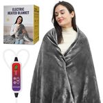 Qfun Electric Heated Blanket Throw - Soft Fast Heating Throw Blanket with 6 Heat Settings & Auto Shut-Off, Over-Heat Protection, 71"x40" Large Size Warm Flannel Winter Blanket Gift for Women Men(Grey)