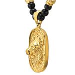 COOLSTEELANDBEYOND Gothic Style Mens Black Onyx Beads Necklace with Gold Color Stainless Steel Lion Head Shield Pendant(CA)