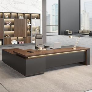 Nuipens 79 Inch Reversible L-Shaped Executive Desk for CEO & Manager, Office Workstation with Power Outlet & USB Ports, LED Ambient Lighting, Locking Storage Cabinet, Red Walnut & Black