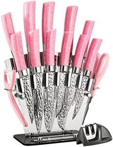 Kitchen Knives Set, High Carbon Stainless Steel Knife Set 15 PCS, Super Sharp Cutlery Knife Set with Clear Acrylic Stand, Sharpener Knife Block Set, Pink Color