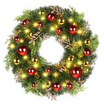 ilikable Christmas Wreath, 16 Inch Wreath with 40 LED Lights, 8 Modes&Timer Function Xmas Decor Artificial Wreath, Christmas Decoration Wreath with Red Gold Balls for Outdoor Indoor Front Door Window