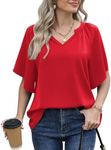 Jouica Summer Chiffon Blouses for Women Fashion 2024 Dressy Casual Short Sleeve Blouses for Work Flower,D Red,XX-Large