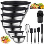 Mixing Bowls with Lids Set - 26 PCS Stainless Steel Nesting Black Mixing Bowls Set for Baking, Mixing, Serving & Prepping, Size 5, 3.7, 2.8, 2.3, 1.7, 1.1, 0.7QT, 11 Cooking Utensils