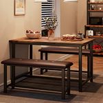 Alkmaar Kitchen Table Set with 2 Benches, Dining Table Set for 4 with Upholstered Benches, Dining Room Table Set Metal and Wood Rectangular Dining Table for Small Space, Apartment, Retro Brown