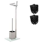 WC Set - Brushed Chrome –22x18x70cm– Toilet Paper Holder and Toilet Brush incl. – Stainless Steel – Strong Glass Base – Plus: 1+2 Replacement Toilet Brush Heads!