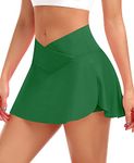 Pleated Tennis Skirt with Shorts for Women High Waist Cross Over Athletic Golf Skorts with Pockets Mini Skirt (Green, S)