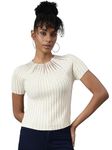 ICW Women Slim Fit Knit Rhinestone Embellished Mesh Crop Top T-Shirt (One Size Bust 28-34 Inch) 107 (Cream)