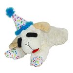 Multipet Lamb Chop Dog Plush Toy w/Birthday Hat - Squeaky Dog Toy for All Dogs - Soft Plush Dog Toy - Stuffed Animal Dog Toy for Playing - Cute Dog Birthday Toy (10.5”, Blue Hat, 5 Squeakers)