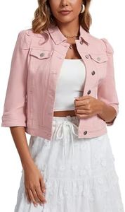 Anienaya Women's Jean Jacket Cropped Denim Jacket Stretchy 3/4 Puff Sleeve Distressed with Pockets