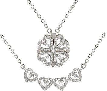 Ronglry Lucky Four Leaf Clover Necklace Dainty Heart Necklace for Women Girls CZ Four Leaf Clover Pendant Necklace Heart-Shaped Clavicle Necklace Gifts for Valentine's Day Birthday, Stainless Steel, No Gemstone
