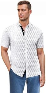 ETHANOL Men Classic Slim Fit Woven Short Sleeve Wrinkle Resistant Print Shirt MST46568 ANS White S