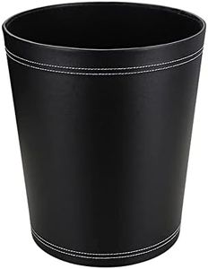 KINGFOM Classic Pu Leather Trash Can Wastebasket, Small Garbage Container Bin with Handles for Bathrooms, Powder Rooms, Kitchens, Home, Office and and High Class Hotel Round Black