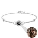 925 Sterling Silver Personalised Photo Bracelet with Picture Inside Custom Heart Projection Bracelet I Love You Bracelet 100 Languages for Women Memory of Love Jewelry Gift (Silver-Round 1)