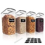 Vtopmart 4L Large Cereal Containers for Storage,Airtight Plastic BPA Free Kitchen Pantry Flour Storage,Set of 4 with 24 Labels(Black)