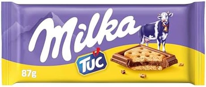 Milka Tuc Tavoletta di Cioccolato al Latte Ripieno di Biscotti Tuc, 100% Latte Alpino, Cacao Sostenibile, 87g, 1 pezzo [L'imballaggio può variare]