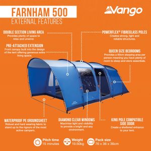 Vango Farnham 500 5-Person Tunnel Tent – TBS II, Sun Porch, River Blue
