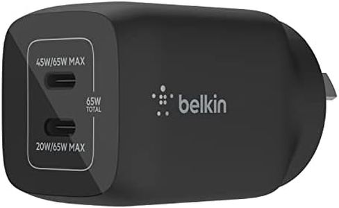 Belkin 65W Dual USB Type C Wall Charger, Fast Charging Power Delivery 3.0 with GaN Technology for iPhone 15 14 13 Pro, Pro Max, Mini, iPad Pro 12.9,MacBook, Galaxy S24, Plus, Ultra & More - Black