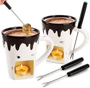 Dicunoy Set of 2 Fondue Mugs with Forks, Ceramic Personal Chocolate Melting Cup for Cheese, Individual Ceramic Butter Warmers Pot, Tealight Candle Mini Simmer Mug for Caramel, Tapas