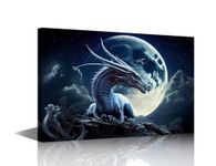 TISHIRON 1 Panel Canvas Wall Art Moon and Dragon Paintings Animals Prints on Canvas Modern Artwork Pictures for Living Room Men Boys Bedroom Giclee Framed Ready to Hang, 36x24in