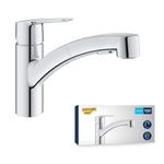 GROHE QUICKFIX Start - Kitchen Sink Tap Mixer with Pull-Out Dual Spray (Low Spout with 90° Swivel Area, 1-Hole Easy Install with Fast Fixation, Requires Min 1.0 Bar, Tails 3/8 Inch), Chrome, 30531001