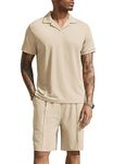 COOFANDY Men's Polo Shirt and Shorts Set 2 Piece Outfits Fashion Summer Tracksuits Short Sleeve Casual Polo Suit, Beige, Large