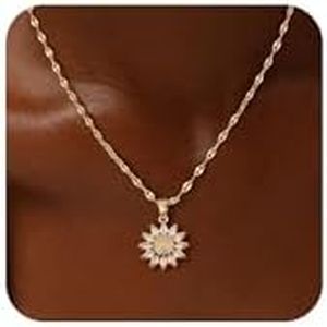 CHESKY Gold Pendant Necklace for Women, 14K Gold Plated Cubic Zirconia Dainty Sun Necklace Cute Minimalist Diamond Lip Chain Necklace for Women Simple Gold Sunflower Necklace Jewelry Gifts for Women