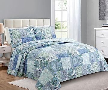 Cozy Line Home Fashions Blue Fleur-de-lis Stylish Floral Aqua Blue Patchwork 100% Cotton Reversible Bedding Quilt Set, Bedspread, Coverlet (Peace Love, Queen - 3 Piece)