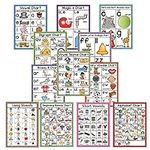 HONTOUSIP 12 Laminated English Phonics Poster for Kids | Learning Vowels Charts for Kindergarten, Preschool, Primary School Alphabet Bulletin Board Set Classroom Wall Decora-11x8.3In