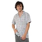 Campus Sutra Men's Ivory White & Sage Green Ikkat Shirtfor Casual Wear | Cuban Collar | Short Sleeve | Button Closure | Shirt Crafted with Comfort Fit for Everyday Wear