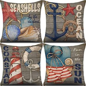 Hervueiy Fundas de Cojines para Sofa, 45x45 cm Decoración Fundas de Almohada Algodón Lino Moderna Náutica Faro Ancla Timón Océano Conchas Marinas para el Hogar Camas Dormitorio Coche Juego de 4