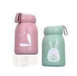 FLOBIZ Premium little Rabbit Print Glass Water Bottle with Food grade Silicone Plastic - 330ml | Leak Proof | BPA Free | For Kids or Toddlers | Easy to carry | Pink & Green | pack of 2