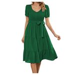 AMhomely Summer Dresses for Women 2023 Solid Relaxed Comfort V-Neck Sexy Versatile Short Sleeve Dress Ladies Trendy Tunic Activewear Vacation Cocktail Formal Work Wedding Green, XL