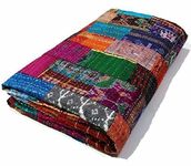 Fashion Hub Textile Work Creations Patchwork Cotton Silk Kantha Quilt (Queen Size, 90x108 Inches, Multicolour)