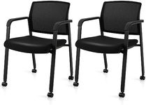 Tangkula Set of 2 Rolling Conference Room Chairs, Stackable Office Guest Mesh Chairs with Armrests and Wheels, Versatile Waiting Room Chairs for Office, School, Lobby, Black