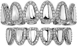 JINAO Hip Hop Grillz Iced Out Cubic Zirconia Top and Bottom Mouth Grills for Your Teeth 14K Gold Plated Grill Set for Men Women(Silver)